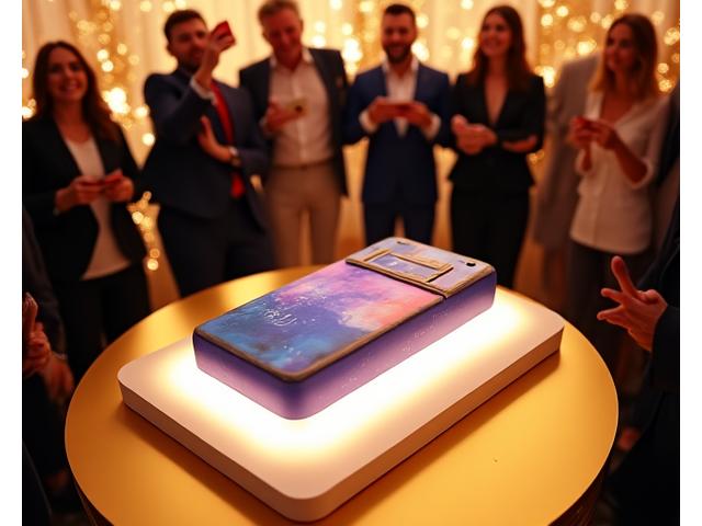 Gâteau hyper-réaliste en forme de nouveau smartphone lors d'un lancement de produit