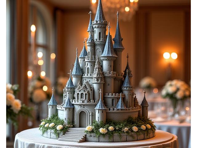 Pièce montée de mariage sculptée comme un château médiéval pour un mariage thématique