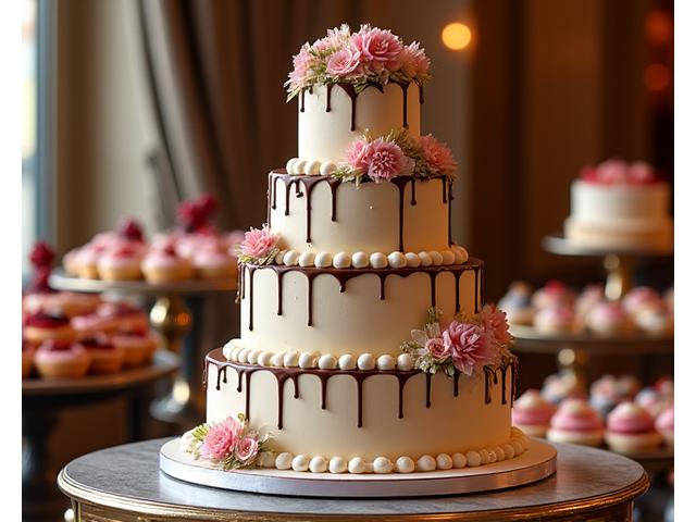 Pièce montée majestueuse avec coulée de chocolats fins et fruits rouges