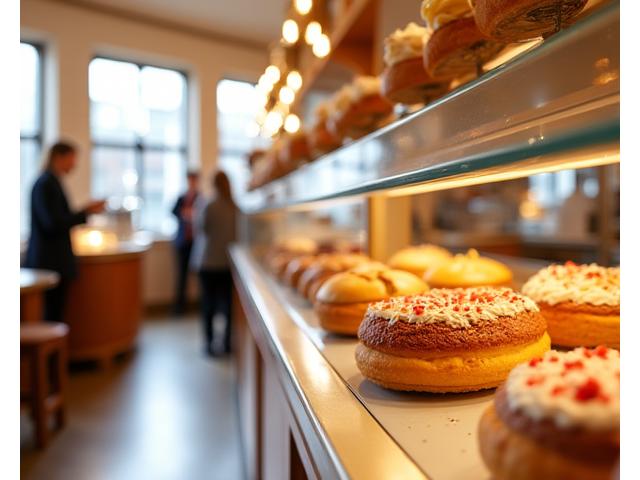 Intérieur lumineux de la boutique Croissantdor Pâtisserie, avec vitrines remplies de viennoiseries et gâteaux élégants.