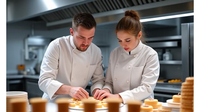 Chef pâtissier donnant un cours privé à un élève en cuisine professionnelle