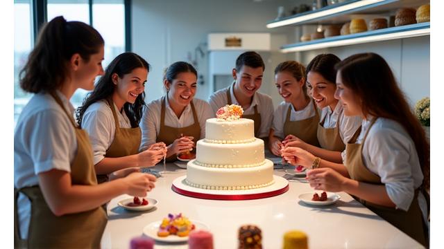 Équipe d'entreprise participant à un atelier de pâtisserie de team building