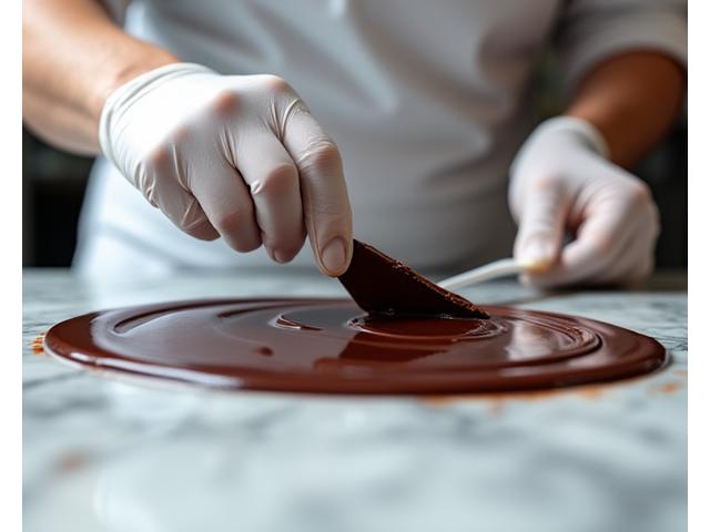 Main d'un chef tempérant du chocolat sur un plan de travail en marbre