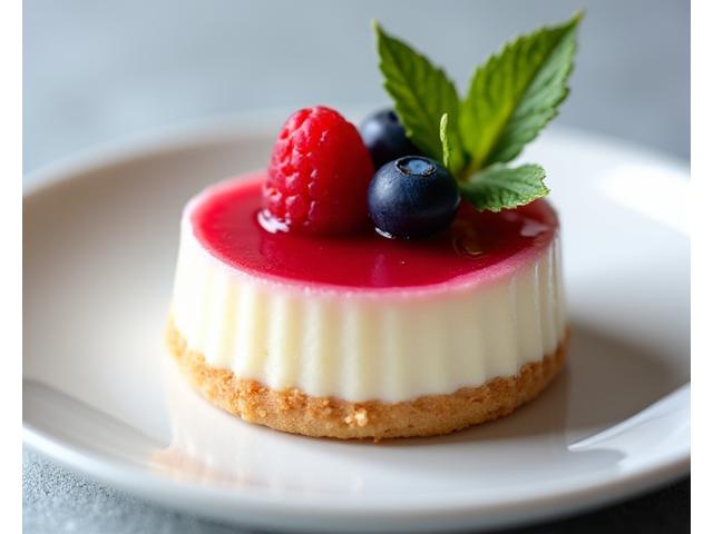 Mini-cheesecake individuel joliment décoré avec des baies fraîches, mettant en avant une réduction de sucre subtile et savoureuse.