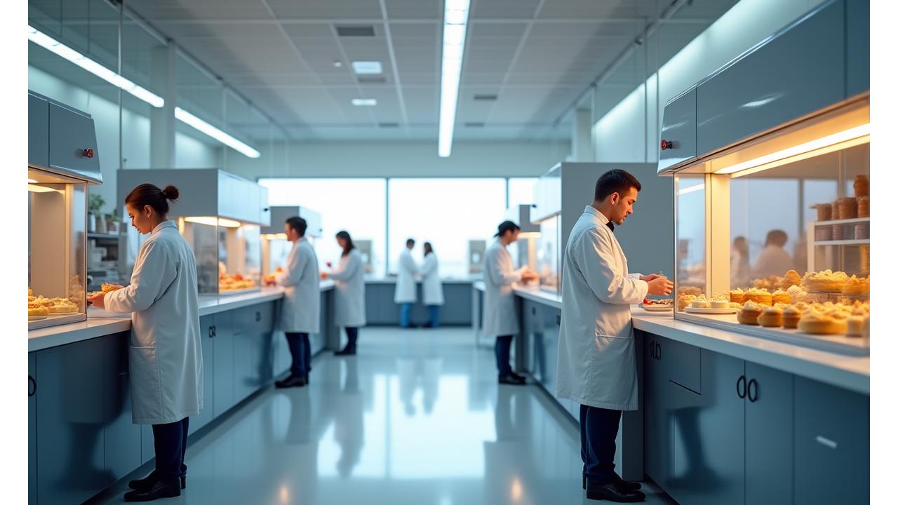 Vue immersive d'un laboratoire R&D alimentaire de pointe avec des équipements d'analyse modernes et des scientifiques en blouses blanches examinant des échantillons de pâtisserie innovants sous des lumières précises.