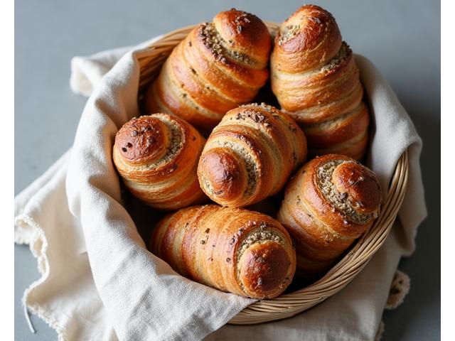 Assortiment de petits pains ronds riches en protéines, parsemés de graines de lin, de chia et de sésame, sur un tissu de lin dans un panier en osier.