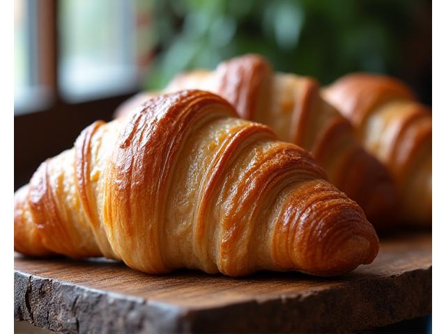 Gros plan sur un croissant végan doré avec des couches feuilletées parfaites, posé sur une planche en bois rustique.