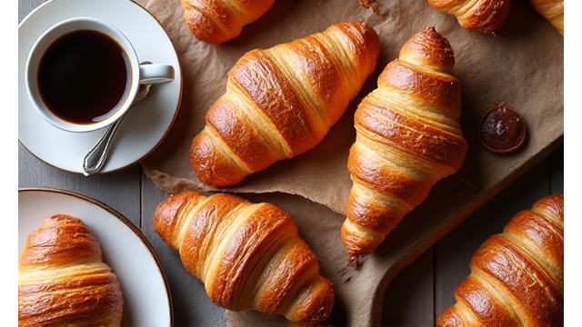 Photo d'un assortiment de viennoiseries fraîches sur une table de cuisine rustique