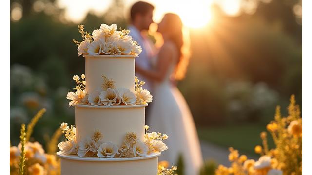 Photo d'une pâtisserie de mariage élégante avec un couple en arrière-plan