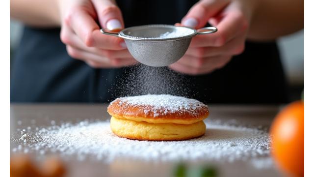Une main saupoudrant du sucre glace sur une pâtisserie délicate