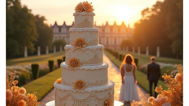 Vue d'un mariage opulent au Château de Chantilly avec une pièce montée Croissantdor