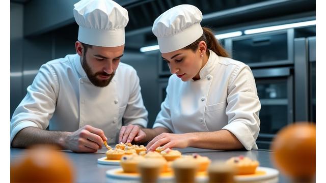Chefs étoilés en formation intensive dans un atelier de pâtisserie moderne