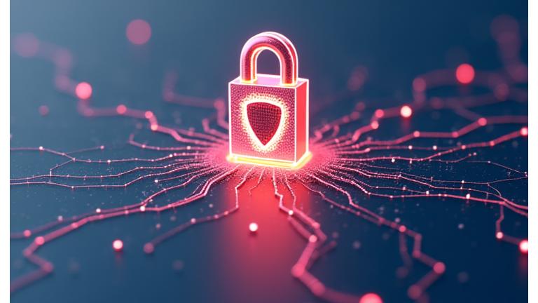 Infographie stylisée montrant un cadenas, un bouclier et des ondes de données vertes, symbolisant la sécurité des données