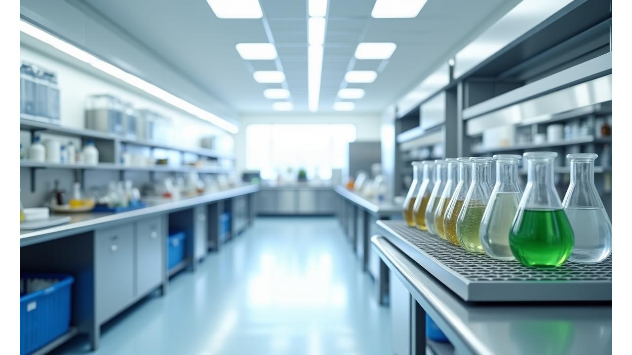 Vue intérieure d'un laboratoire de pâtisserie immaculé, avec des ustensiles et des étagères parfaitement propres, symbolisant l'absence de contamination croisée.