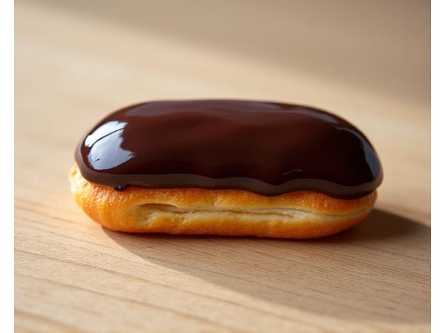 Éclair au chocolat végétal avec une texture lisse et brillante, décoré de copeaux de cacao.