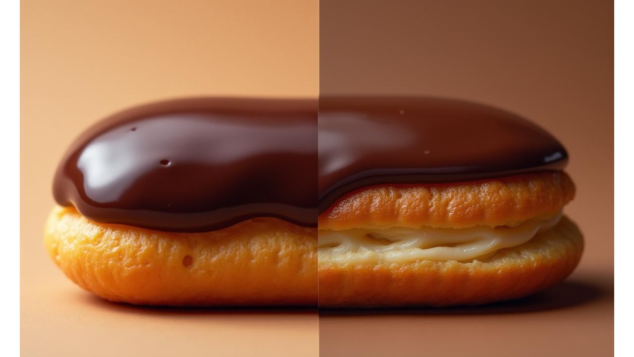 Comparaison d'une pâtisserie traditionnelle à côté de sa version végétale sans allergènes, présentant la même beauté et gourmandise.