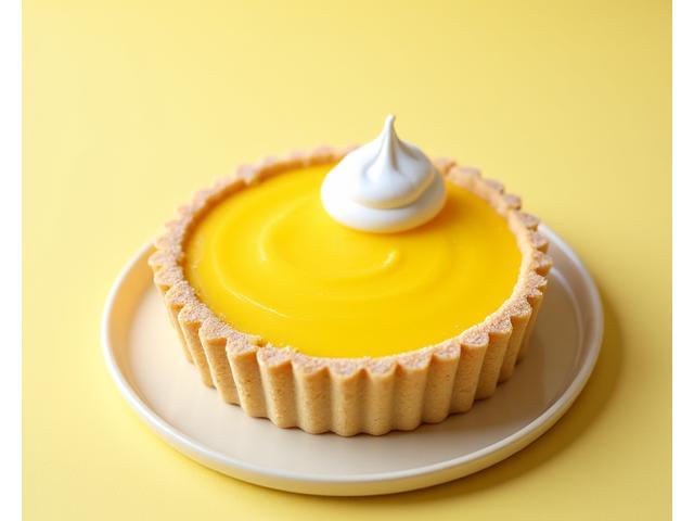 Petite tarte au citron meringuée d'un jaune vif, posée sur une pâte croustillante sans gluten.