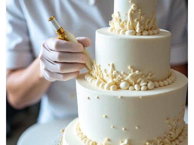 Chef pâtissier décorant minutieusement un gâteau sur-mesure avec des détails délicats avant livraison.