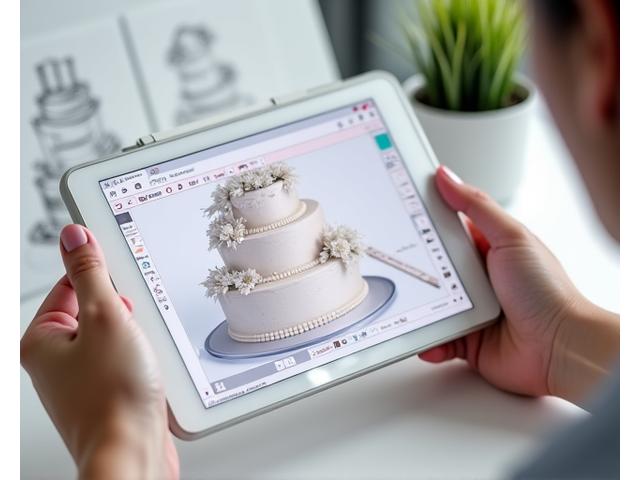 Designer pâtissier présentant un concept 3D de gâteau sur tablette.