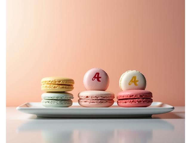 Mignardises et macarons de pâtisserie fine arborant des logos d'entreprise colorés.