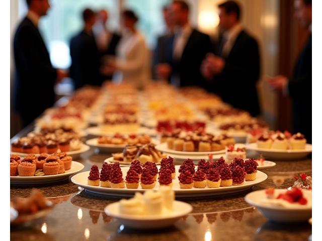 Luxueux buffet de desserts assortis pour un événement d'entreprise haut de gamme.