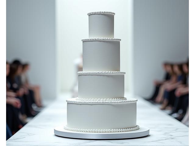 Gâteau avant-gardiste blanc et doré pour un événement de la Fashion Week, avec mannequins stylisés.