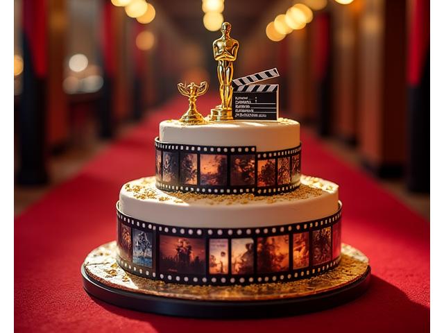 Gâteau en forme de bobine de film pour une première de cinéma, avec détails dorés.