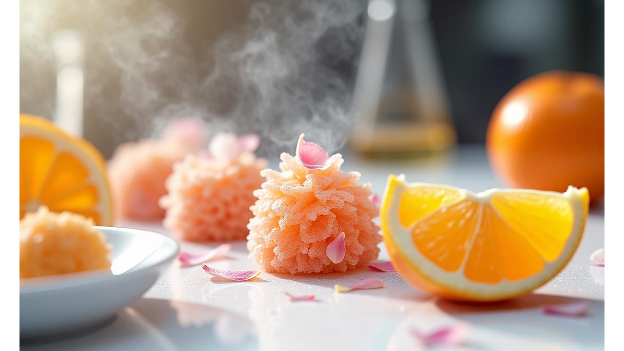 Ingrédients exotiques et techniques de pâtisserie moléculaire sur un comptoir de laboratoire, sphérification, fumée.