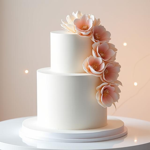 Gâteau de mariage classique revisité avec des fleurs sucrées modernes.