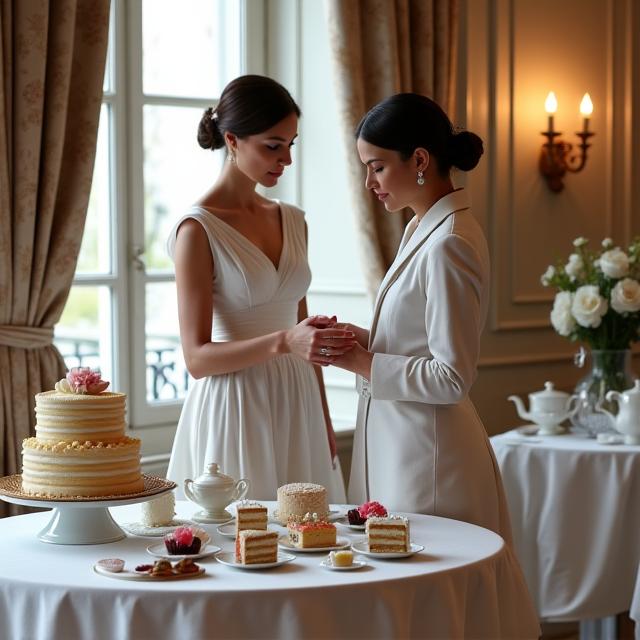Couple élégant dégustant des échantillons de gâteau de mariage dans un salon parisien luxueux.