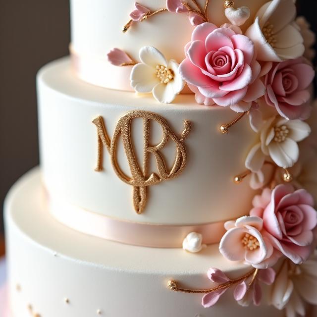 Gâteau de mariage avec monogramme personnalisé et cascades de fleurs comestibles.