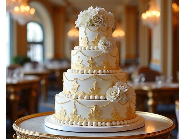 Gâteau d'anniversaire élégant pour un événement au Ritz Paris, avec candélabres dorés.