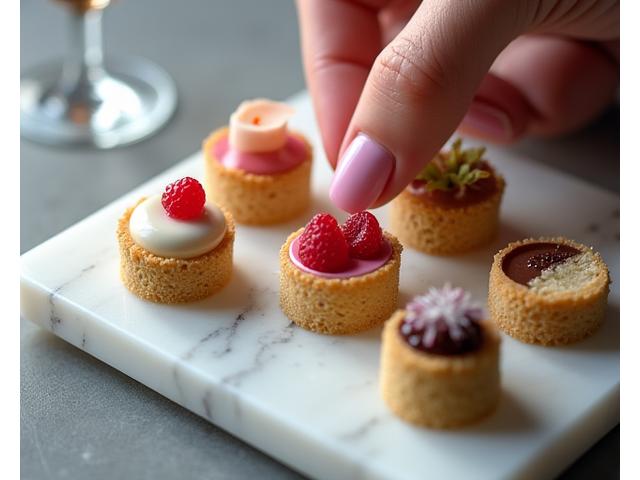Main d'un chef pâtissier présentant une sélection de petits gâteaux pour une dégustation de saveurs.