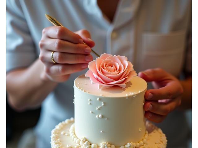 Pâtissier décorant minutieusement un gâteau sur-mesure, en time-lapse.
