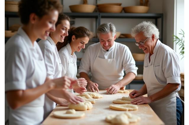 Un groupe d'élèves souriants apprenant à faire des croissants dans un atelier de pâtisserie.