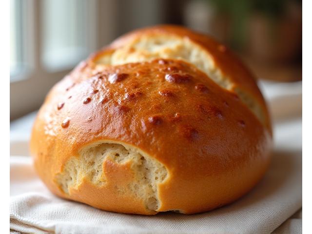 Brioche parisienne dorée, moelleuse et brillante, avec une petite boule de pâte sur le dessus.