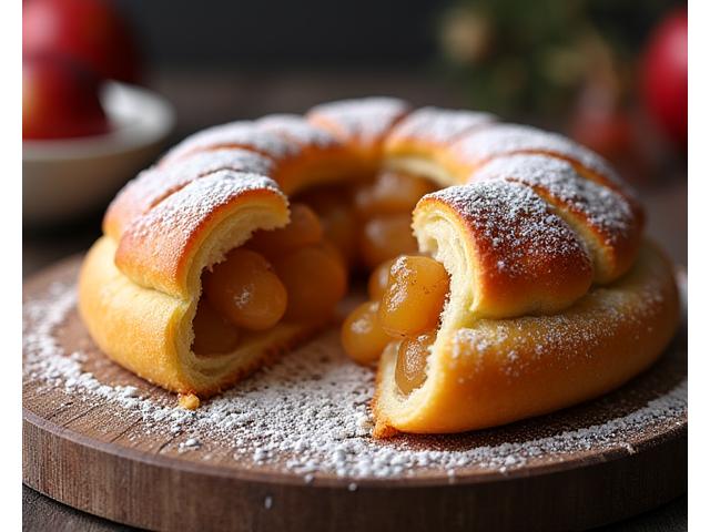 Chausson aux pommes doré, délicatement feuilleté, avec une garniture de compote visible.