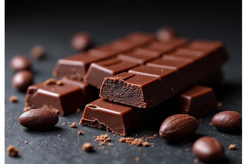 Morceaux de chocolat noir de haute qualité et fèves de cacao.
