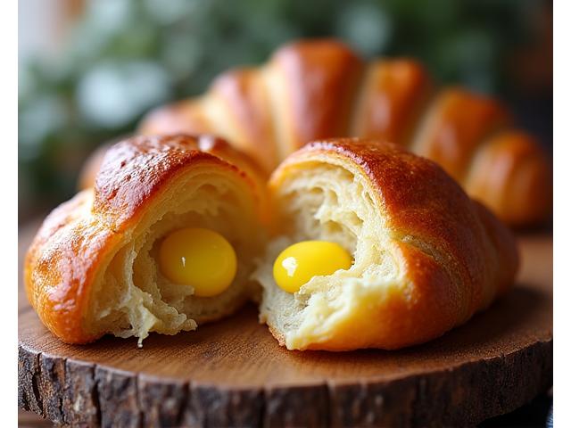 Croissant doré et feuilleté avec des couches visibles sur une planche en bois.