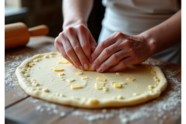 Mains d'artisan boulanger travaillant la pâte feuilletée avec des outils traditionnels.