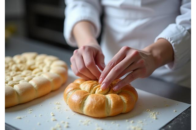 Maître pâtissier démontrant une technique avancée de tressage de brioche à ses élèves.