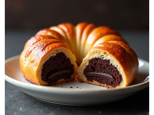 Pain au chocolat brillant avec des bâtons de chocolat noir visibles à l'intérieur.