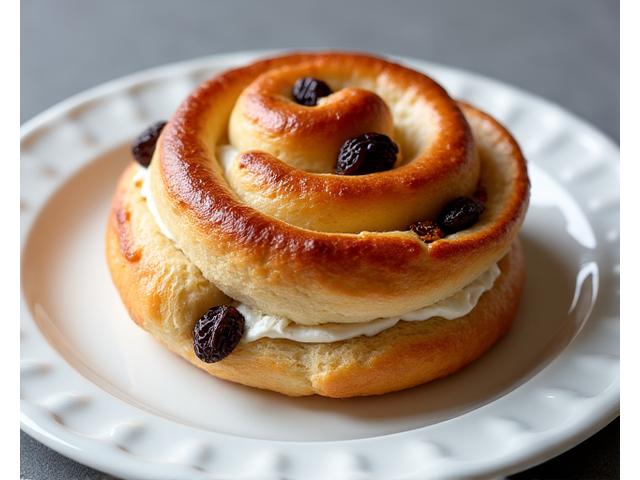 Pain aux raisins doré avec des raisins secs moelleux et une crème pâtissière.
