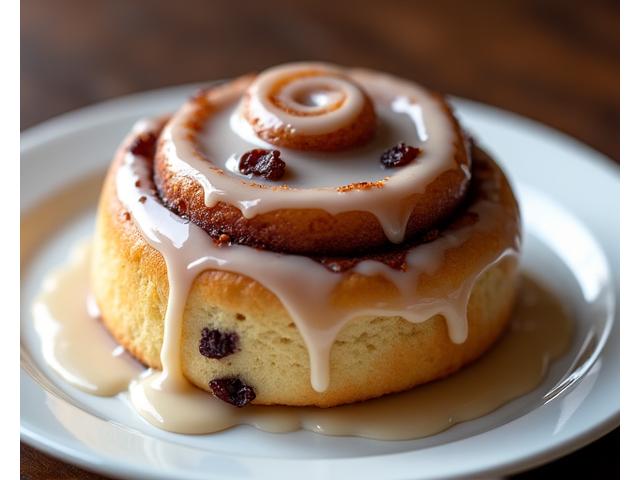 Un roulé à la cannelle généreusement glacé, spirale visible et garni de raisins secs.