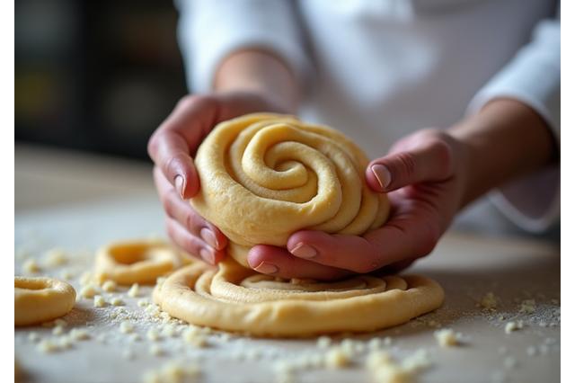 Main d'un Meilleur Ouvrier de France manipulant délicatement une pâte à croissant.