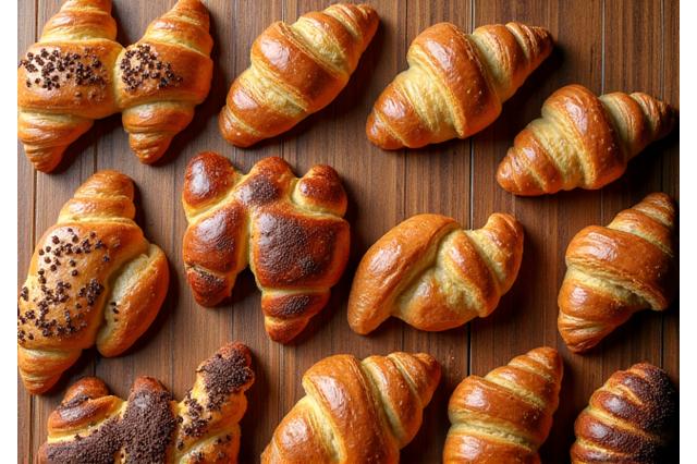 Table remplie de diverses viennoiseries fraîchement faites dans un décor d'atelier.