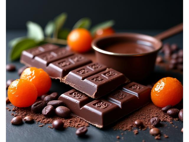 Tablette de chocolat grand cru et fruits confits sur une surface en bois rustique