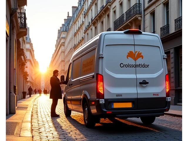 Camionnette de livraison réfrigérée Croissantdor devant un restaurant parisien au lever du soleil