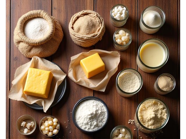 Assortiment de farines, beurres et sucres premium dans un cellier artisanal
