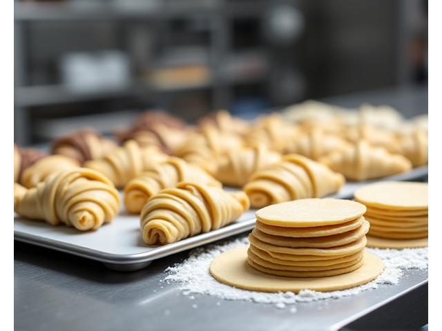 Viennoiseries surgelées et pâtes pré-préparées sur une plaque de cuisson dans une boulangerie professionnelle